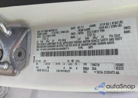 2016 Ford Escape Se z USA, uszkodzony, nr VIN 1FMCU0G98GUA95671